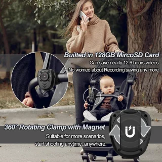 Mini Camera 1080P - 128GB Intern Geheugen - Infrarood Nachtzicht - 6u Opname - Cyclische Opname - 360 graden draaibare klem - Voor Binnen & Buiten - Incl. Oplaadkabel