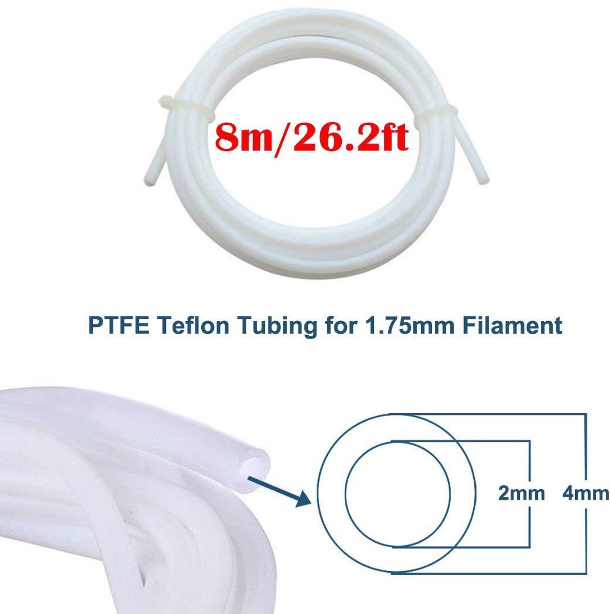 Allecto Plus 3D-printer slang PTFE 8m ID2mm OD4mm TL-Feeder