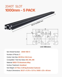 Aluminium T-sleufprofiel 2040 - Set van 5 - 1000 mm - Zwart