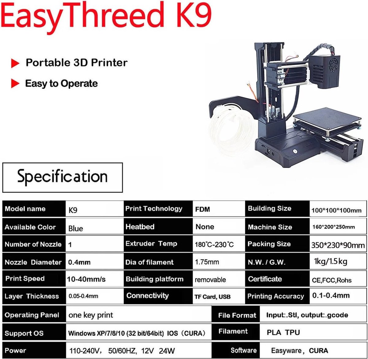 Mini 3D Printer TPU PLA Zwart 10x10x10 cm
