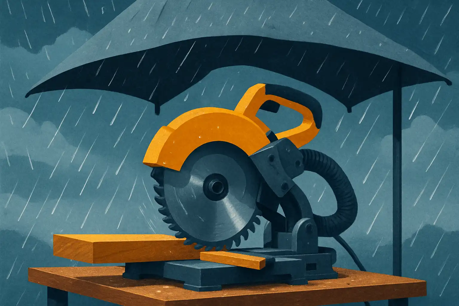 Zagen bij slecht weer: tips voor een waterdichte opstelling en veilige afkortzaag in de regen