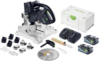 De Festool SYMC 70 Basic SYMMETRIC accu-freeszaag 36 V ( 2 x 18 V ) 216 mm + 2x accu 8.0 Ah + dubbele lader + Systainer in één oogopslag