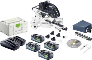 De Festool KAPEX KSC 60 Basic accu afkortzaag 18 V / 36 V 216 mm borstelloos + 4x accu 8.0 Ah + lader + Systainer in één oogopslag