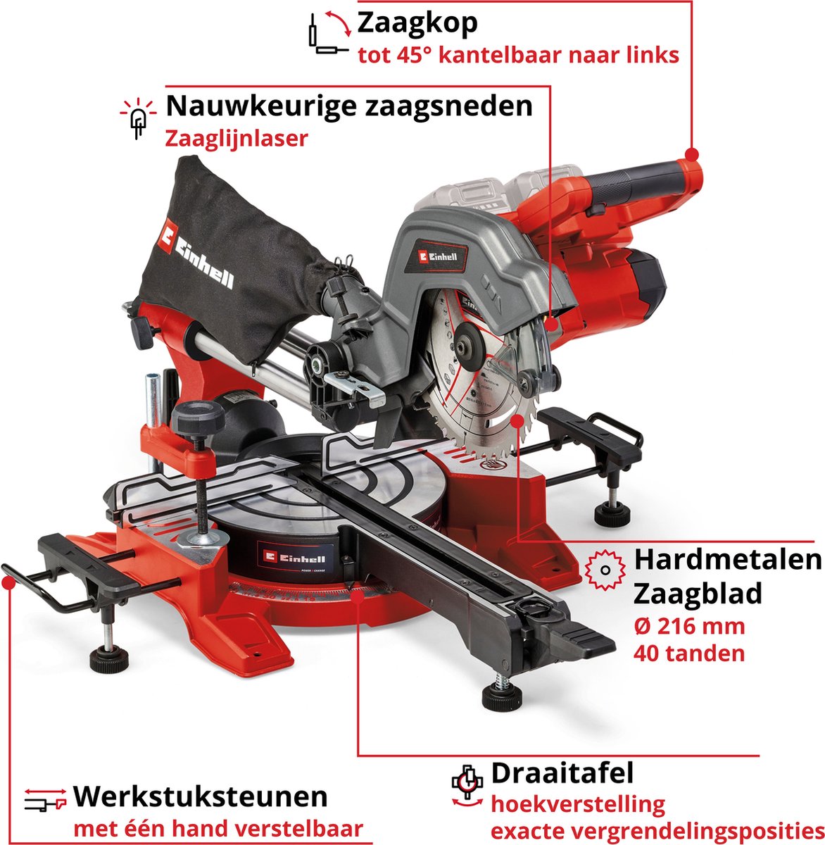 Wat vinden we goed aan de Einhell TE-SM 36/8 L Li Solo Radiaal Afkortzaag Power X-Change
