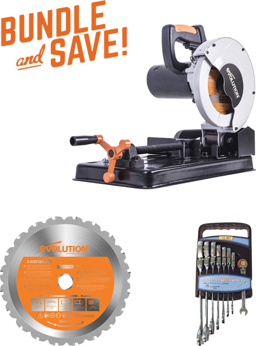 De EVOLUTION CombiPack Rage 4 + Zaagblad 185mm + Sleutels 1250W in één oogopslag