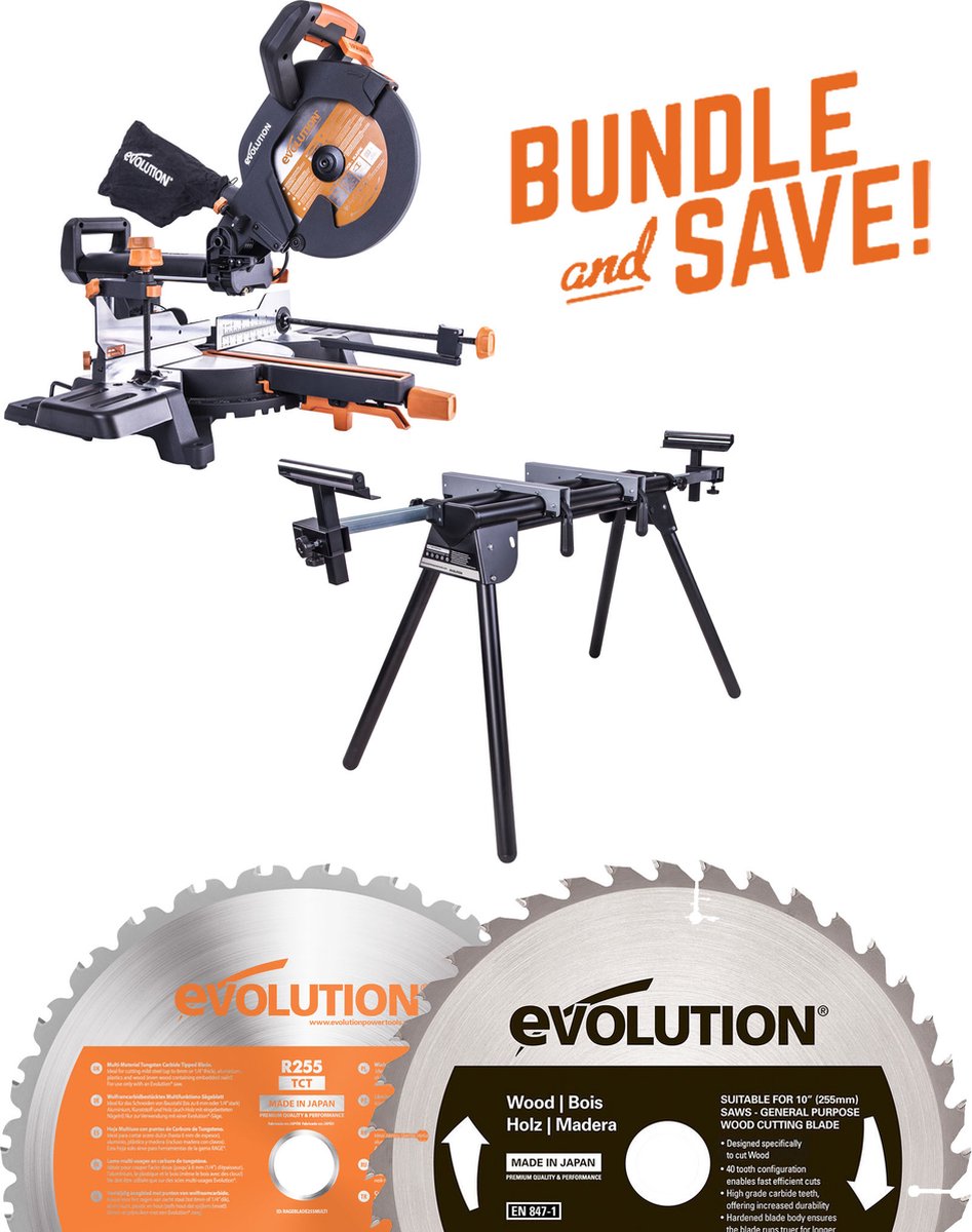 Evolution R255SMS+ Combopack met Mitre Stand en 255 mm Zaagblad Hout