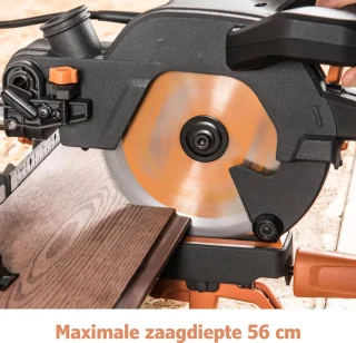 QUOVO® Afkortzaag Met Trekfunctie – 185 mm Afkortzaag En Verstekzaag Met Lasergeleiding - Met Onderstel - Elektrische Zaag incl. Universeel Mes - 45° afstand, 50° verstek - Zwart/Oranje - 32cm x 44cm x 45cm