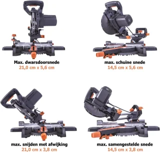 QUOVO® Afkortzaag Met Trekfunctie – 185 mm Afkortzaag En Verstekzaag Met Lasergeleiding - Met Onderstel - Elektrische Zaag incl. Universeel Mes - 45° afstand, 50° verstek - Zwart/Oranje - 32cm x 44cm x 45cm