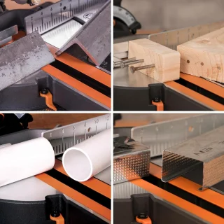 QUOVO® Afkortzaag Met Trekfunctie – 185 mm Afkortzaag En Verstekzaag Met Lasergeleiding - Met Onderstel - Elektrische Zaag incl. Universeel Mes - 45° afstand, 50° verstek - Zwart/Oranje - 32cm x 44cm x 45cm