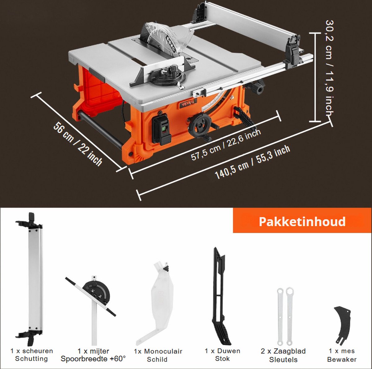 Wat vinden we goed aan de Tafelzaagmachine 1800W zonder standaard