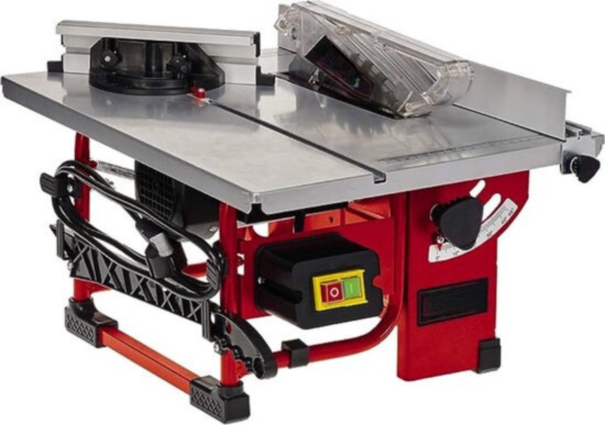 De Tafelzaagmachine 500W Rood met Onderstel en Zaagblad in één oogopslag