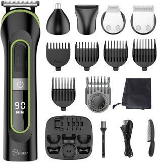 De Hatteker 5-in-1 Tondeuse en Trimmer Set voor Heren – Haarknipper, Baardtrimmer, Scheerapparaat, Neus- en Oortrimmer – Draadloos en Waterdicht – Zwart in één oogopslag