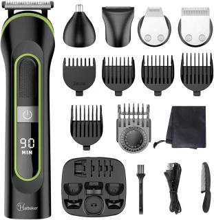 Hatteker 5-in-1 Tondeuse en Trimmer Set voor Heren – Haarknipper, Baardtrimmer, Scheerapparaat, Neus- en Oortrimmer – Draadloos en Waterdicht – Zwart