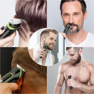 Hatteker 5-in-1 Tondeuse en Trimmer Set voor Heren – Haarknipper, Baardtrimmer, Scheerapparaat, Neus- en Oortrimmer – Draadloos en Waterdicht – Zwart