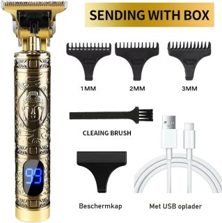 De Draadloze Haartrimmer - Buddha Goud met LCD - Nieuwste Model - Tondeuse Mannen - Geschikt voor Hoofdhaar/Baardhaar/Lichaamshaar - Trimmer - Draadloos Scheerapparaat - Compleet met 4 Opzetstukjes, oplader en onderhoudsmaterialen in één oogopslag