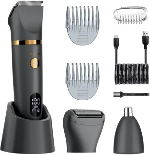 Scttomon 3-in-1 Elektrische Heren Trimmer – Baardtrimmer, Lichaamshaartrimmer & Neustrimmer – LED Display, Waterdicht, USB Oplaadbaar – Grijs