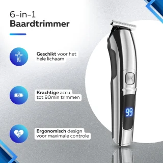 6-in-1 Baardtrimmer met 6 Opzetstukken voor Baard en Lichaam