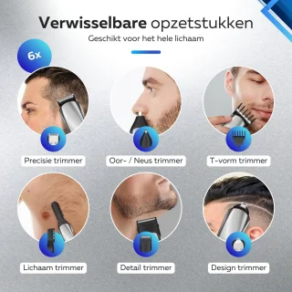 6-in-1 Baardtrimmer met 6 Opzetstukken voor Baard en Lichaam
