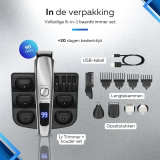 6-in-1 Baardtrimmer met 6 Opzetstukken voor Baard en Lichaam