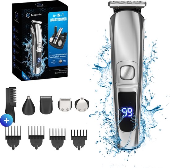 6-in-1 Baardtrimmer met 6 Opzetstukken voor Baard en Lichaam