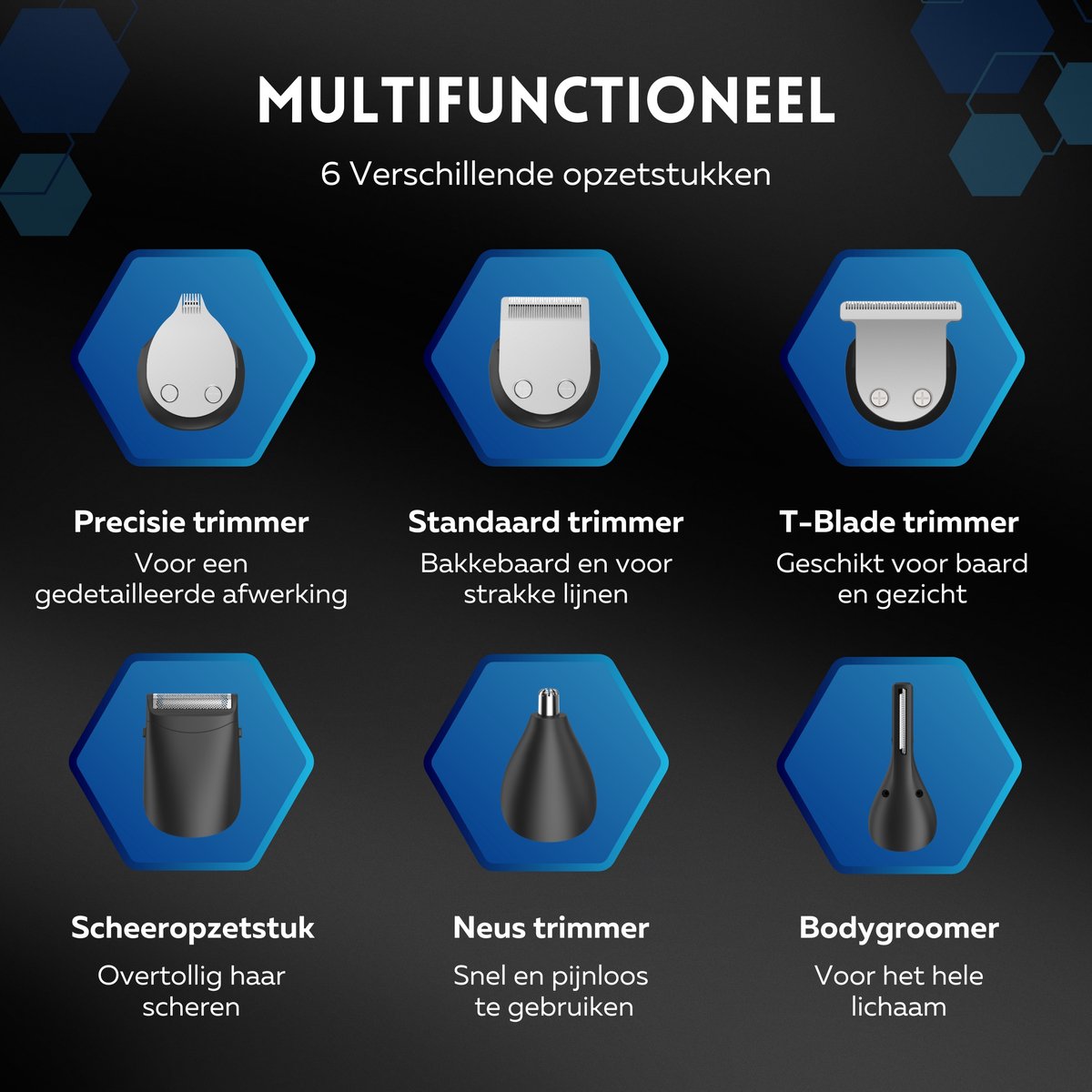 6-in-1 Baardtrimmer voor Mannen met Opzetstukken