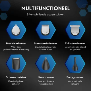 6-in-1 Baardtrimmer voor Mannen met Opzetstukken
