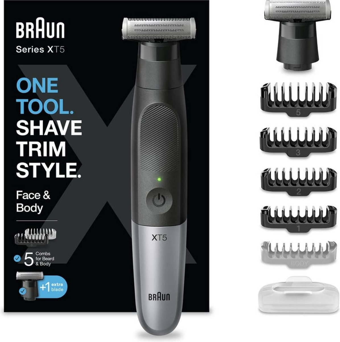 De Braun XT5 Series Trimmer Face & Body in één oogopslag