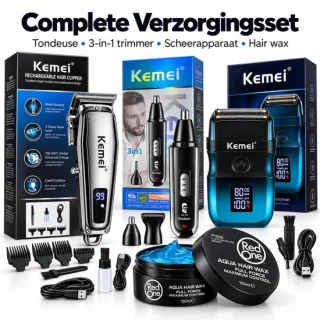 Kemei complete verzorgingsset voor mannen: tondeuse KM-1313, trimmer KM-313, foliescheerapparaat en RedOne Aqua Hair Wax 150 ml