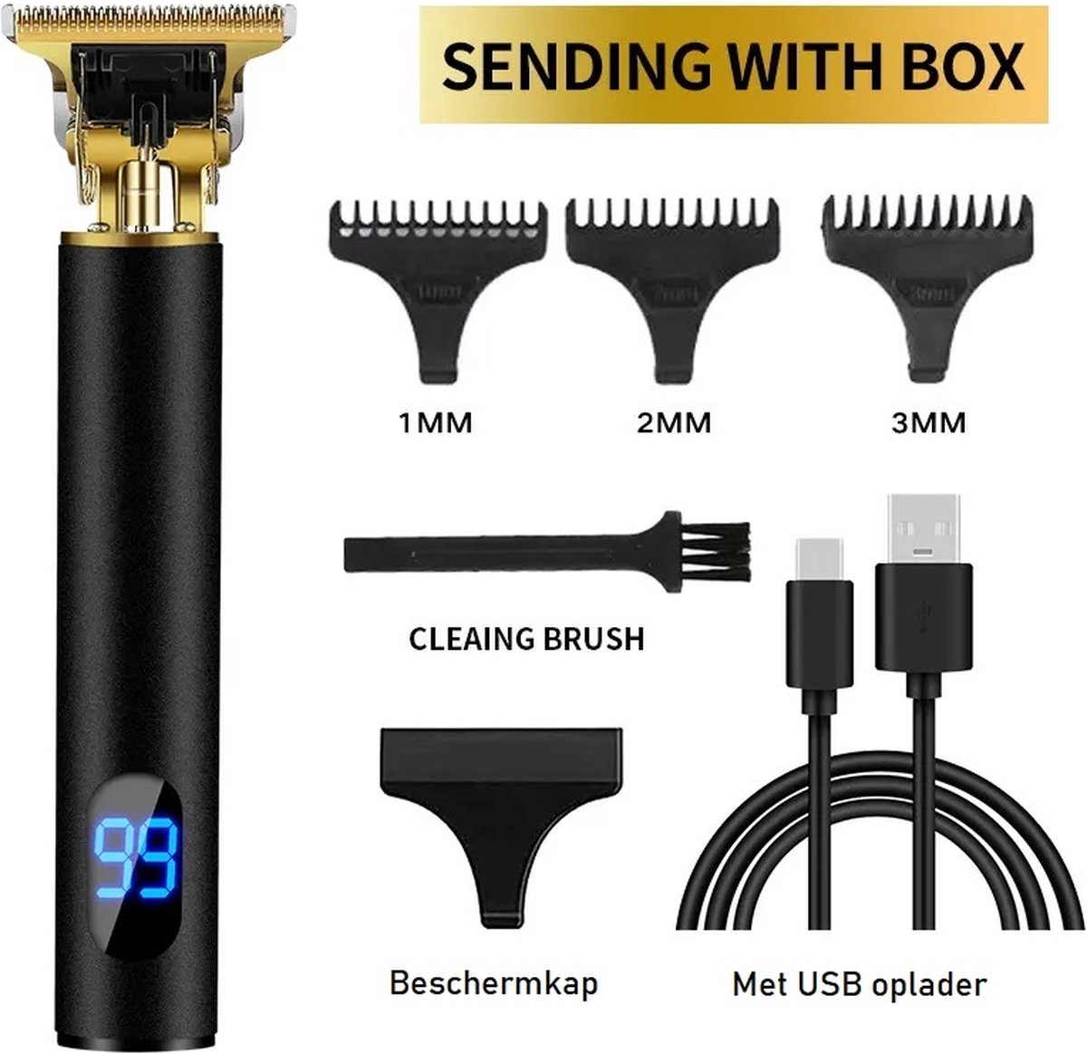 De Zwart Goud Draadloze Haartrimmer voor Mannen met LCD en Opzetstukken in één oogopslag