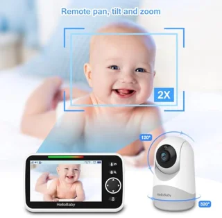 Babyfoon met camera en audio, 5 inch scherm, 3500 mAh batterij, Pan-Tilt-Zoom functie, tweerichtingsgesprek, ECO-modus en auto-nachtzicht