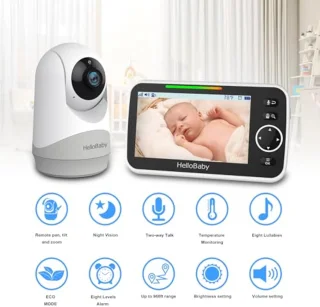 Babyfoon met camera en audio, 5 inch scherm, 3500 mAh batterij, Pan-Tilt-Zoom functie, tweerichtingsgesprek, ECO-modus en auto-nachtzicht