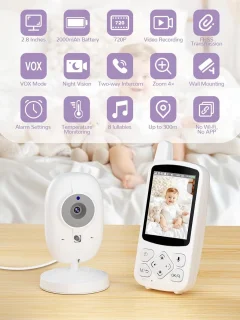 Babyfoon Camera met 720P HD Scherm en Nachtzicht - 4x Zoom, VOX, en Temperatuursensor