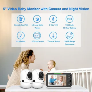 Babyfoon met 2 Camera's, 5'' Splitscreen, Lange Batterijduur, ECO, 2-Weg Audio en Nachtzicht