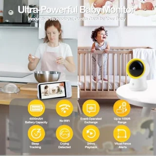 Slimme Babyfoon zonder Wifi met Camera en Audio - 5 inch IPS 1080P, 6000 mAh Batterij, 3000 m Bereik, 24 Uurs Bewaking en AI Geluidsdetectie