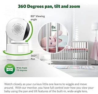 Video babyfoon met 5 inch 720p HD display, 360° Pan & Tilt, 8x zoomcamera, kleuren-nachtzicht, nachtlicht, tweewegintercom en slimme sensoren