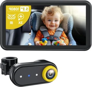 Babycamera Auto - Babyfoon Achterbank - Baby in Zicht - 1080P HD Nachtzicht - 52 Inch Display - Geel
