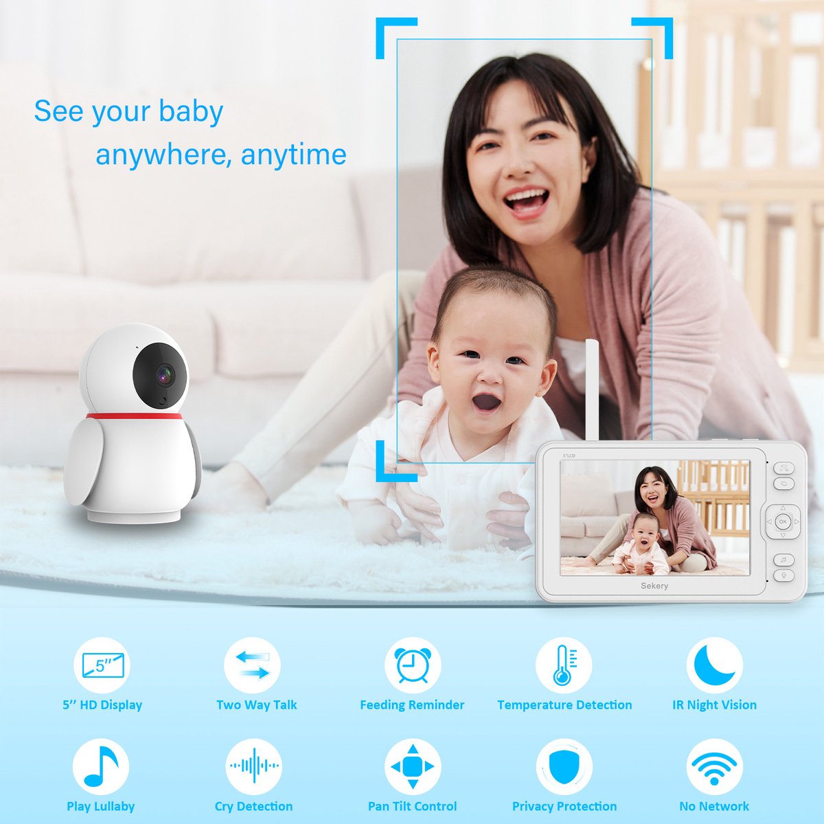 Babyfoon 1080P HD met camera en 5 inch scherm