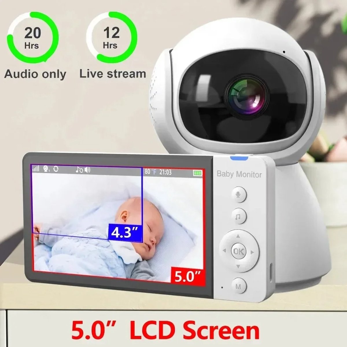 babyfoon draadloos met camera 5 inch lcd wit