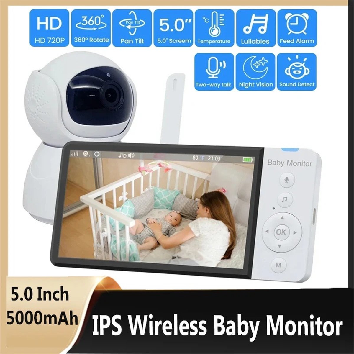 babyfoon draadloos met camera 5 inch lcd wit