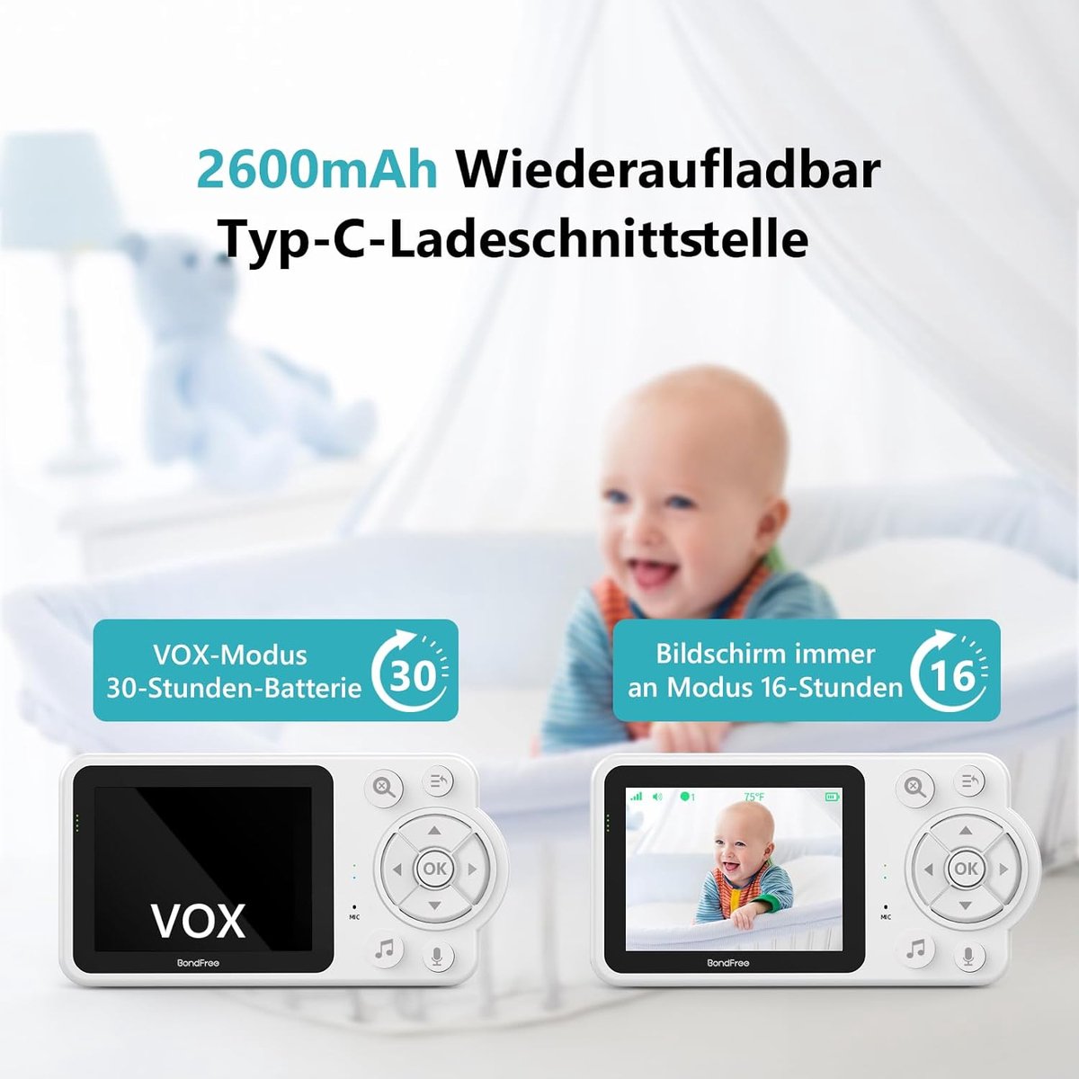 Babyfoon met camera 2.8 inch 2600 mAh type C oplaadbaar
