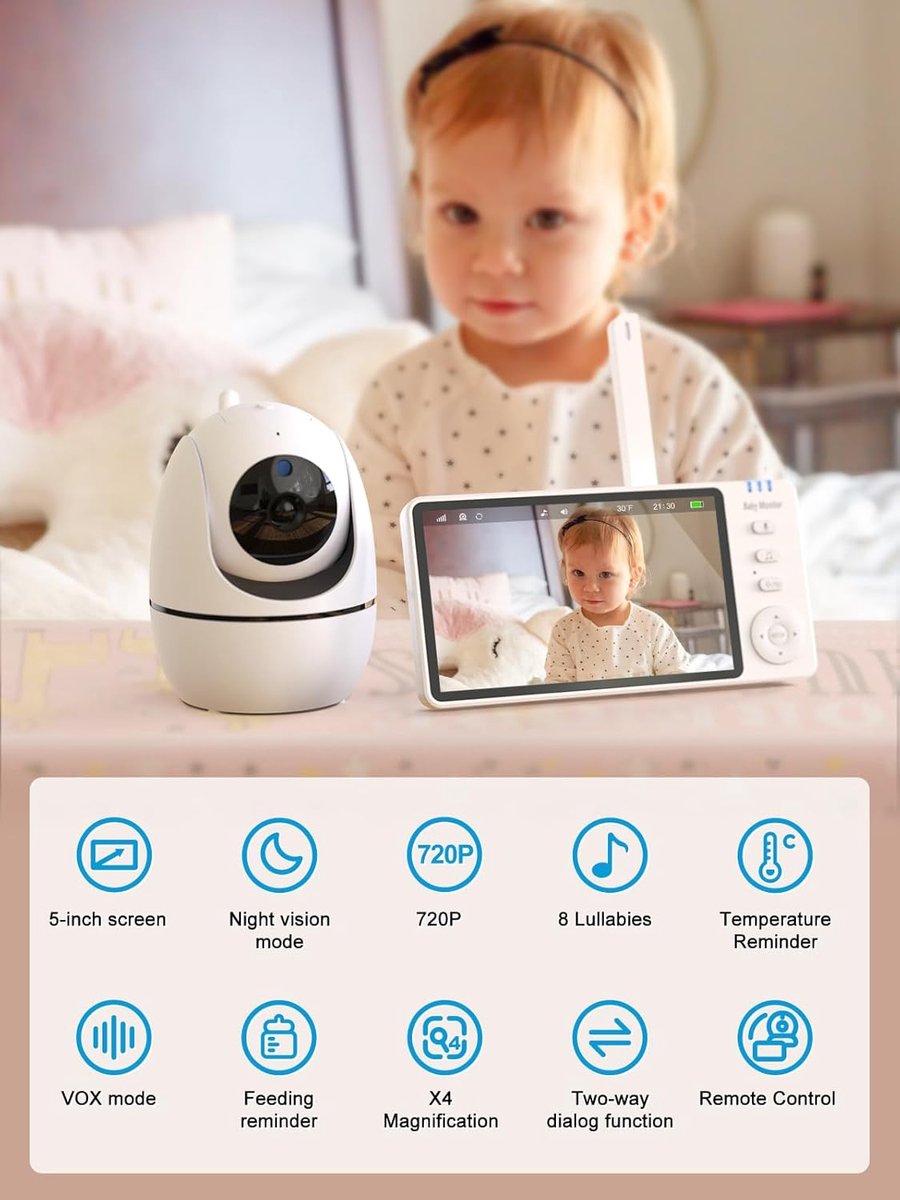 Babyfoon met camera 5 inch 720P wit