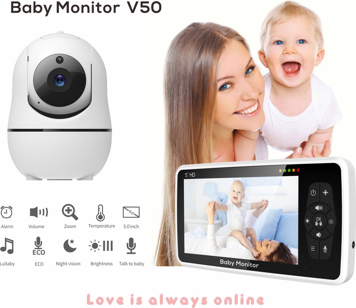 Babyfoon met Camera en Audio 5 Inch Scherm 4X Zoom