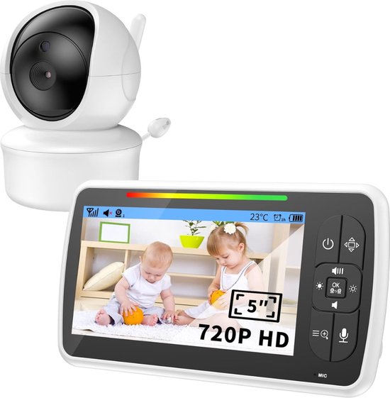 Babyfoon Met Camera HD 5 Inch Scherm 360° Rotatie 2-Weg Audio