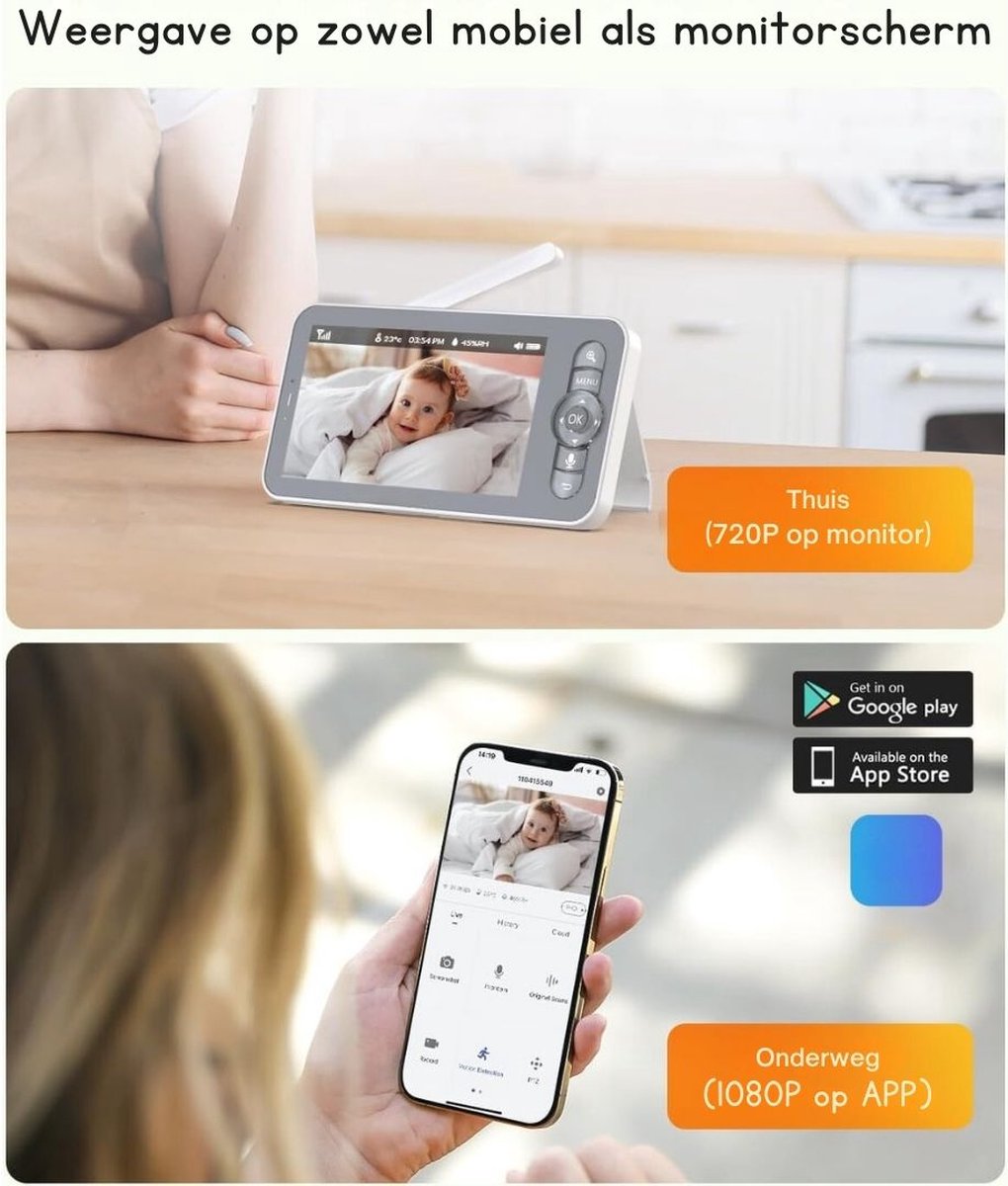 Babyfoon Monitor Met Camera En Scherm - Draagbaar Met App