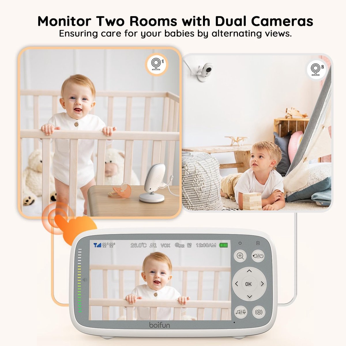 BOIFUN Babyfoon met 2 Camera's 720P IPS-scherm