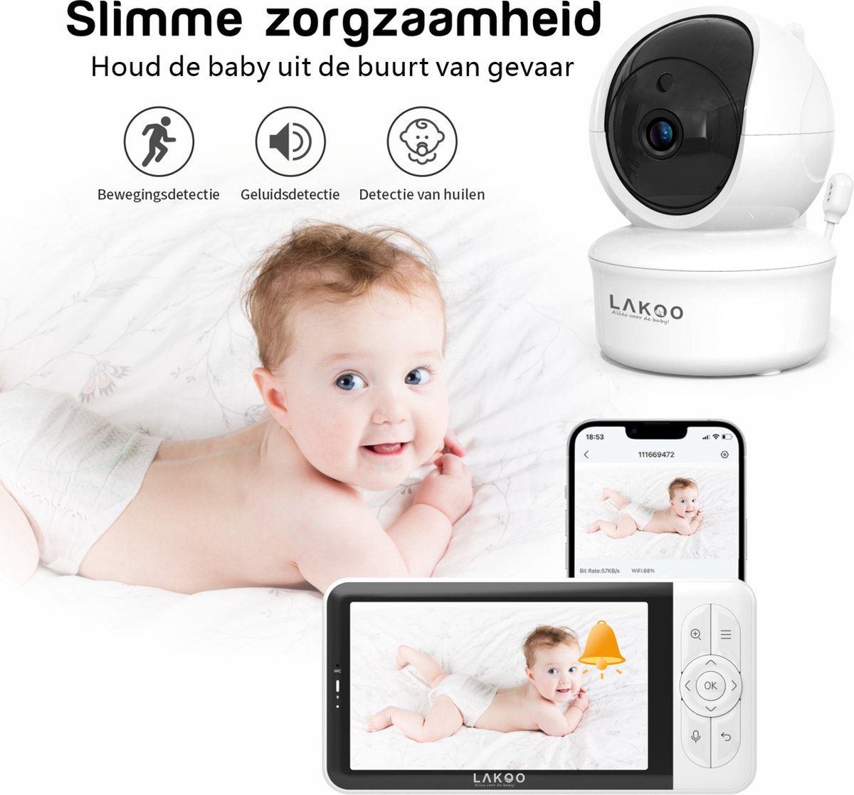Lakoo Pro Babyfoon HD Wifi met 5 inch scherm