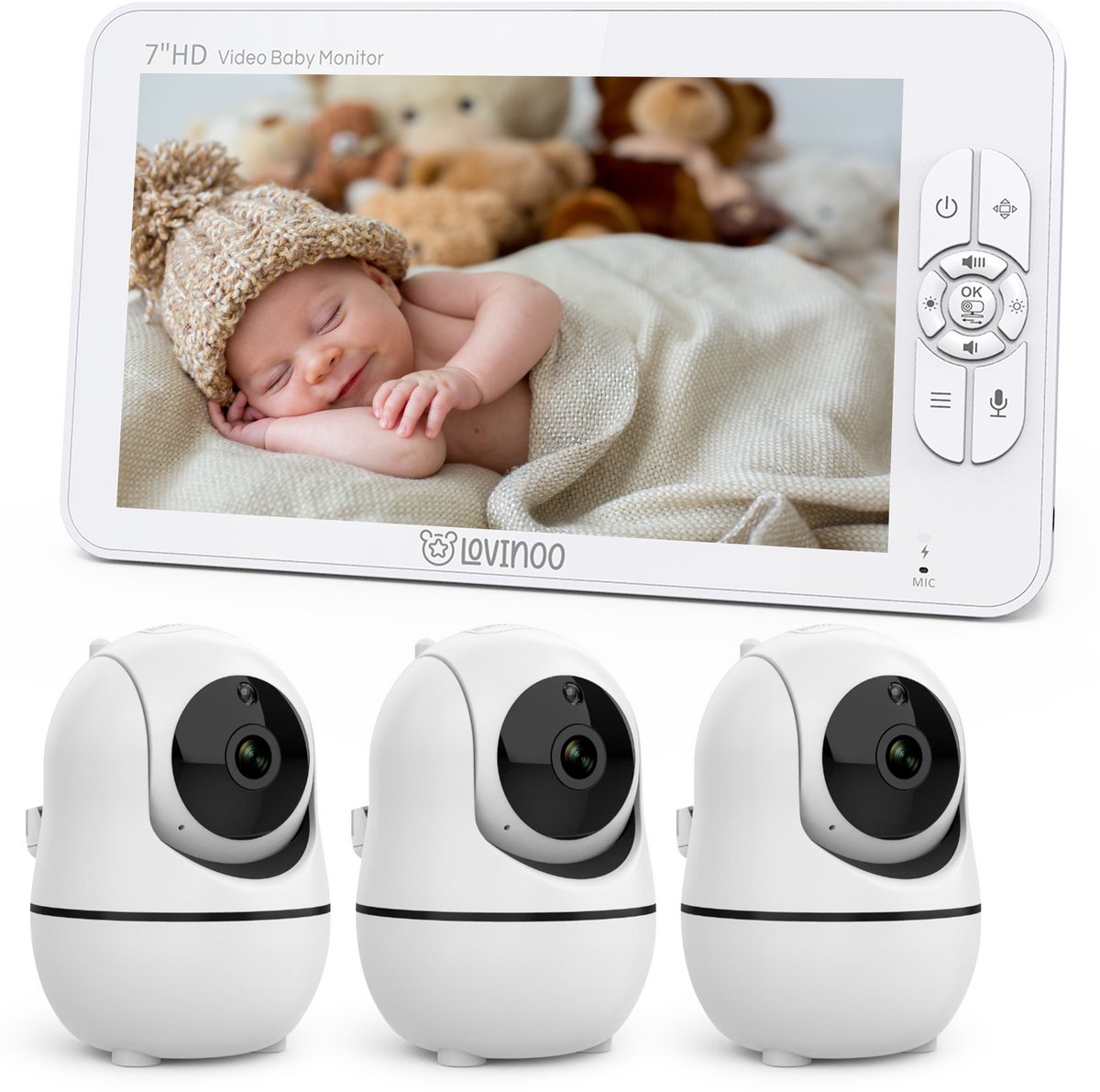 Lovinoo Babyfoon 3 Camera's 7 Inch Scherm Uitbreidbaar Tot 4 Camera's