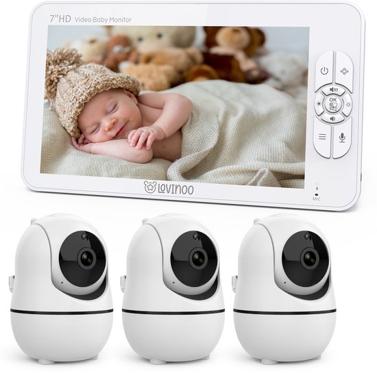 Lovinoo Babyfoon 3 Camera's 7 Inch Scherm Uitbreidbaar Tot 4 Camera's