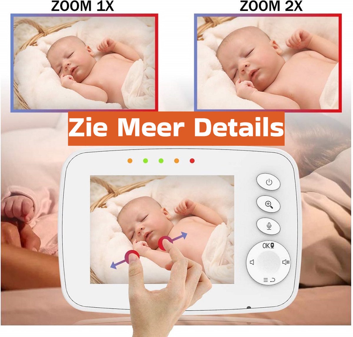 Slimme Draadloze Babymonitor 3,2 inch HD met 4 Camera's