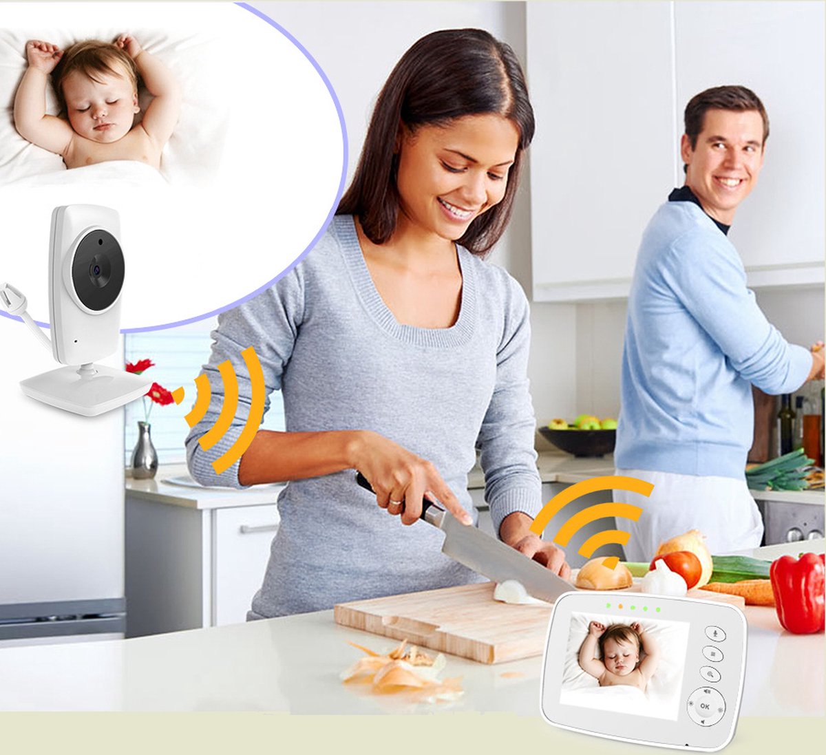 Slimme Draadloze Babymonitor 3,2 inch HD met 4 Camera's